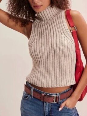 Free People Chunky Knit Sleeveless Turtleneck Top – Beige – XS